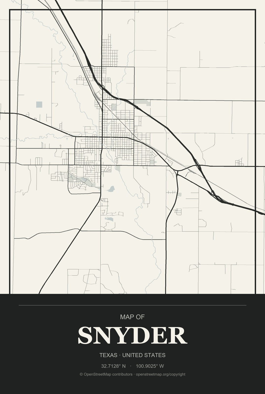 Snyder, Texas City Map Aluminum Sign in Museum Plaque style