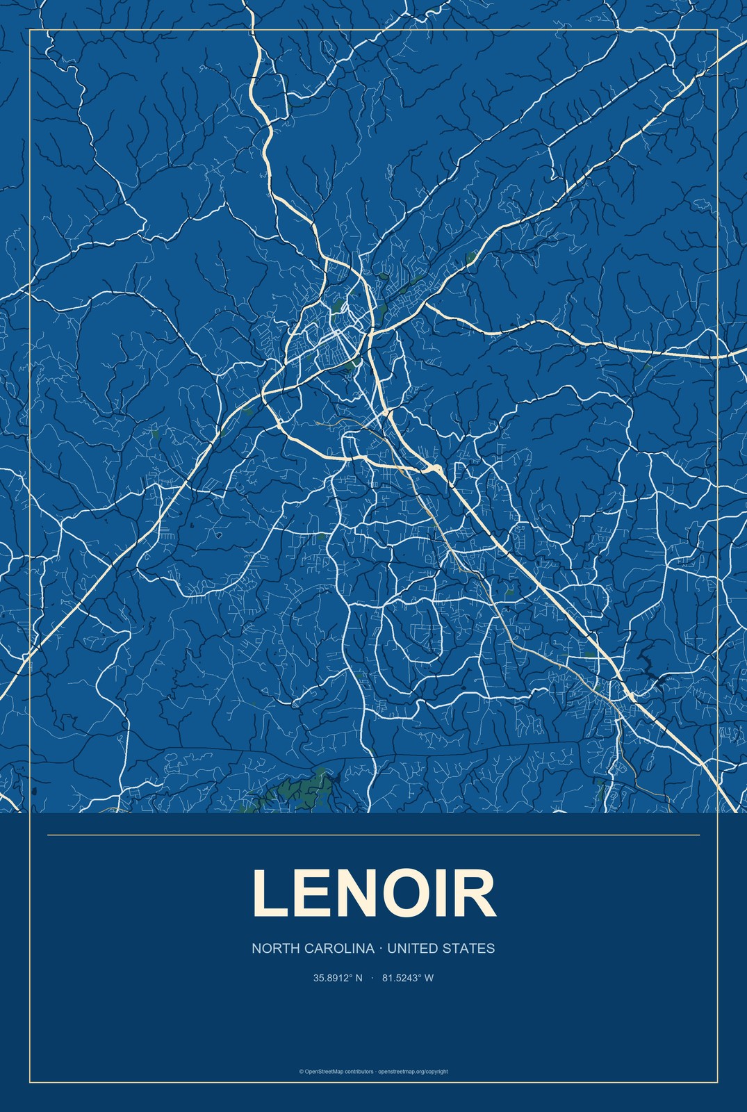 Lenoir, North Carolina City Map Aluminum Sign in Harbor Cobalt style