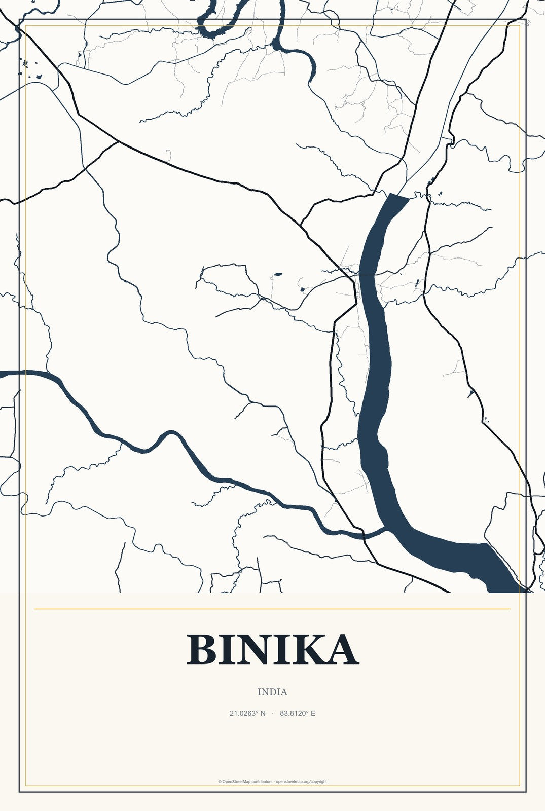 Binika, India City Map Aluminum Sign in Citrine Modern style