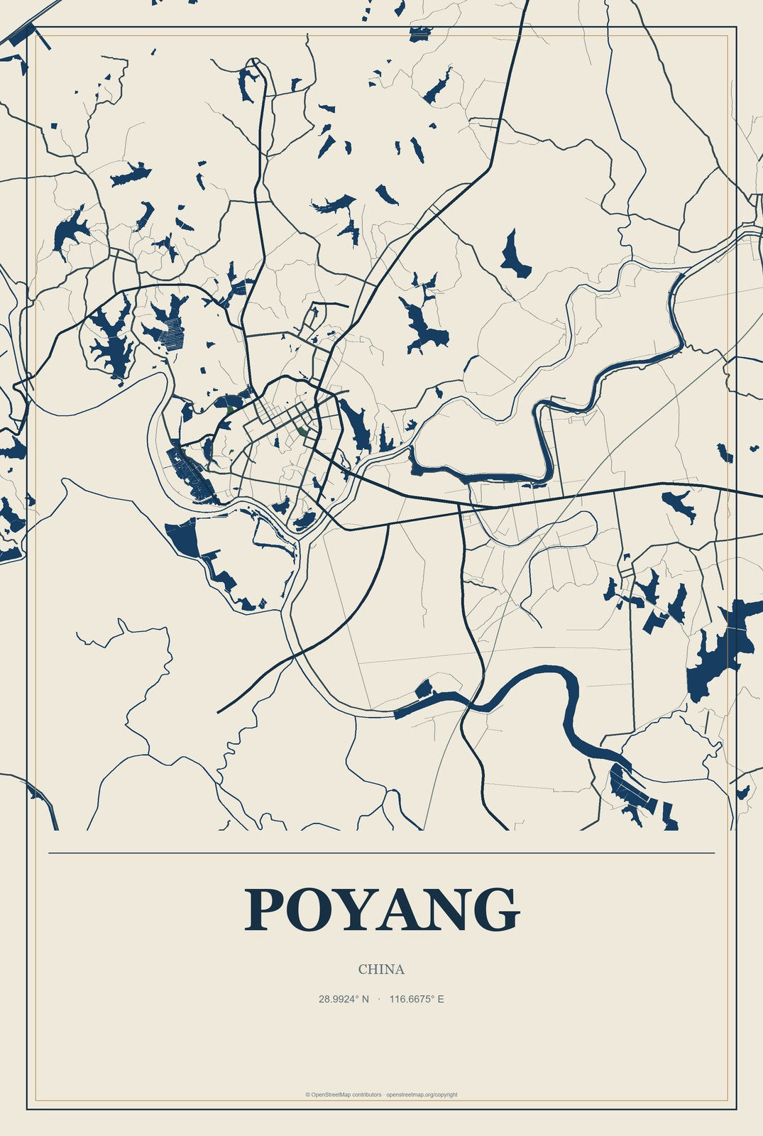 Poyang, China City Map Aluminum Sign in Coastal Cutout style