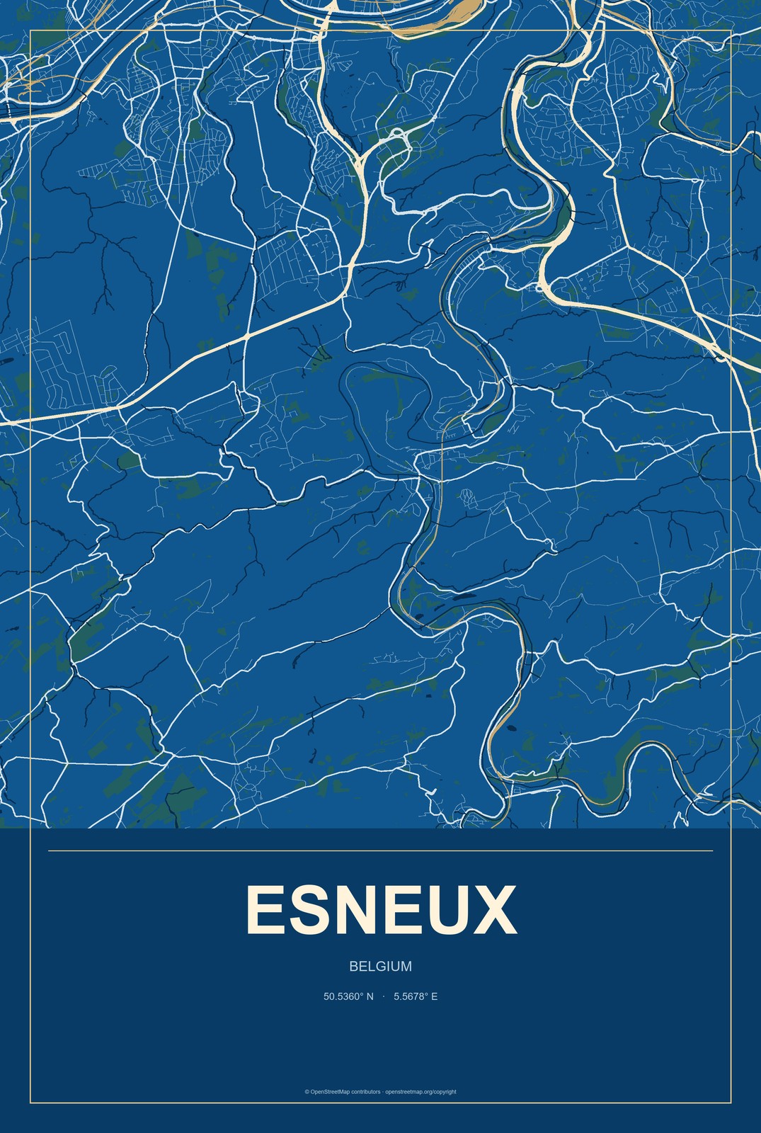 Esneux, Belgium City Map Aluminum Sign in Harbor Cobalt style