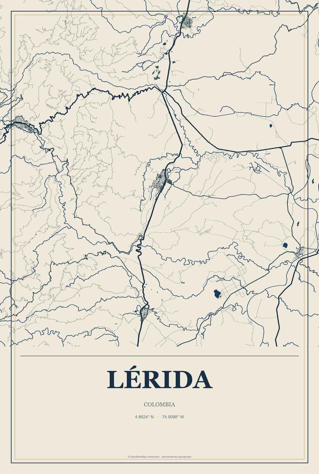 Lérida, Colombia City Map Aluminum Sign in Coastal Cutout style