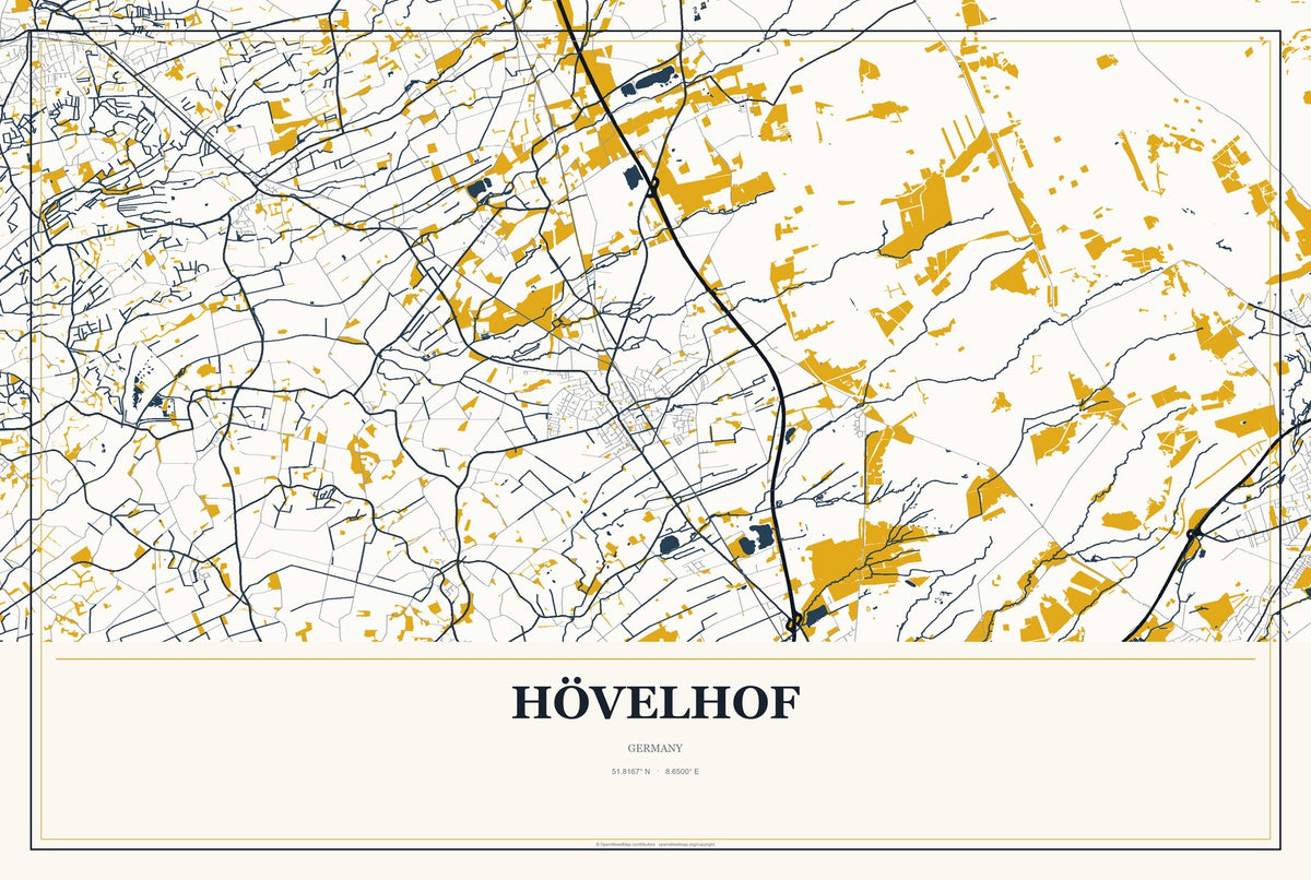 Hövelhof, Germany City Map Aluminum Sign in Citrine Modern style