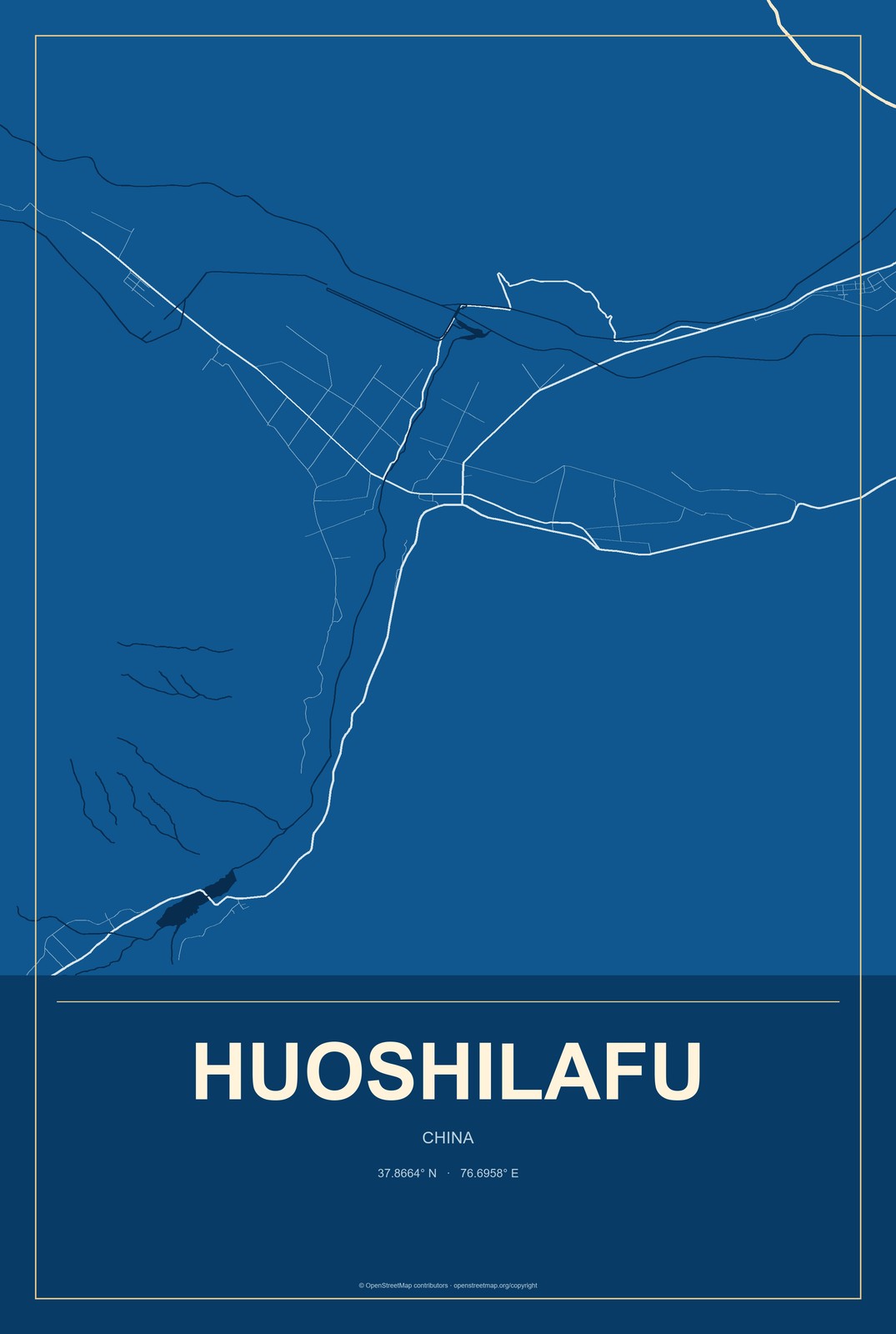 Huoshilafu, China City Map Aluminum Sign in Harbor Cobalt style