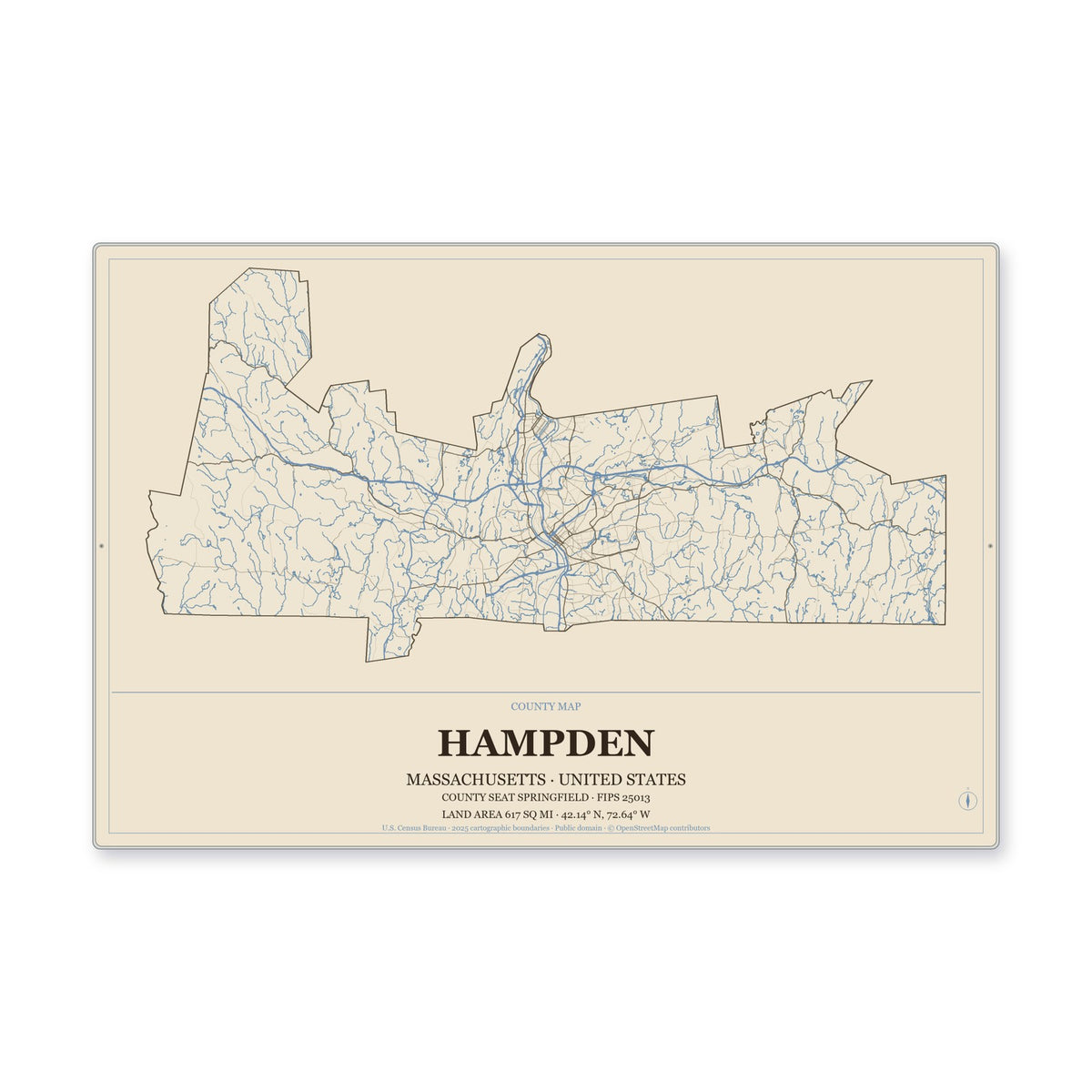 Hampden County, Massachusetts Map Aluminum Sign in Heritage Nautical style