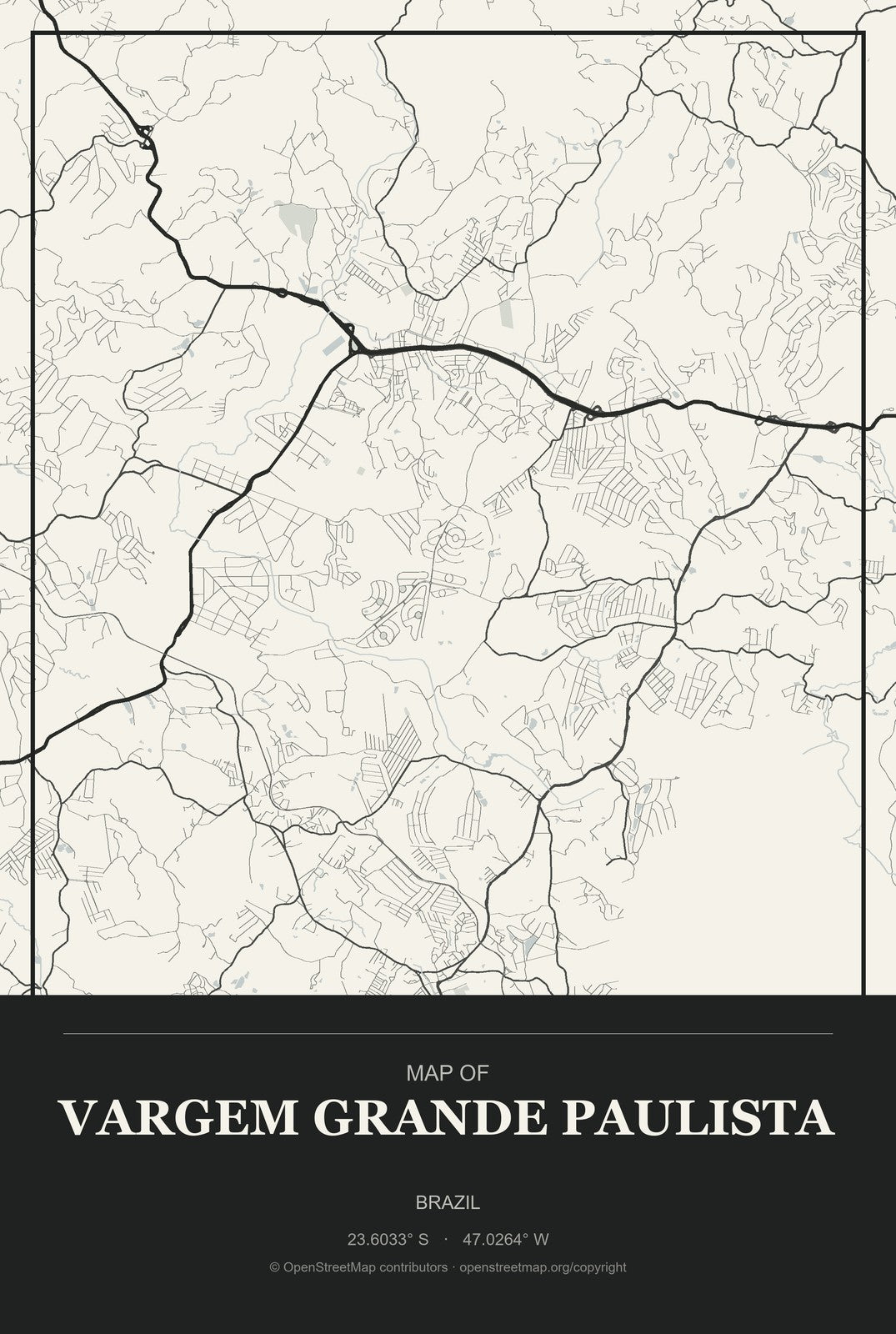 Vargem Grande Paulista, Brazil City Map Aluminum Sign in Museum Plaque style