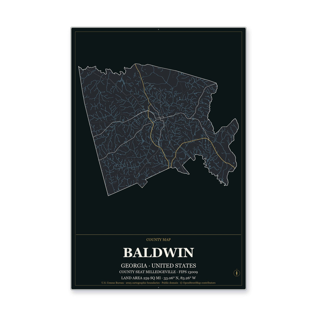 Baldwin County, Georgia Map Aluminum Sign in Metropolitan Noir style
