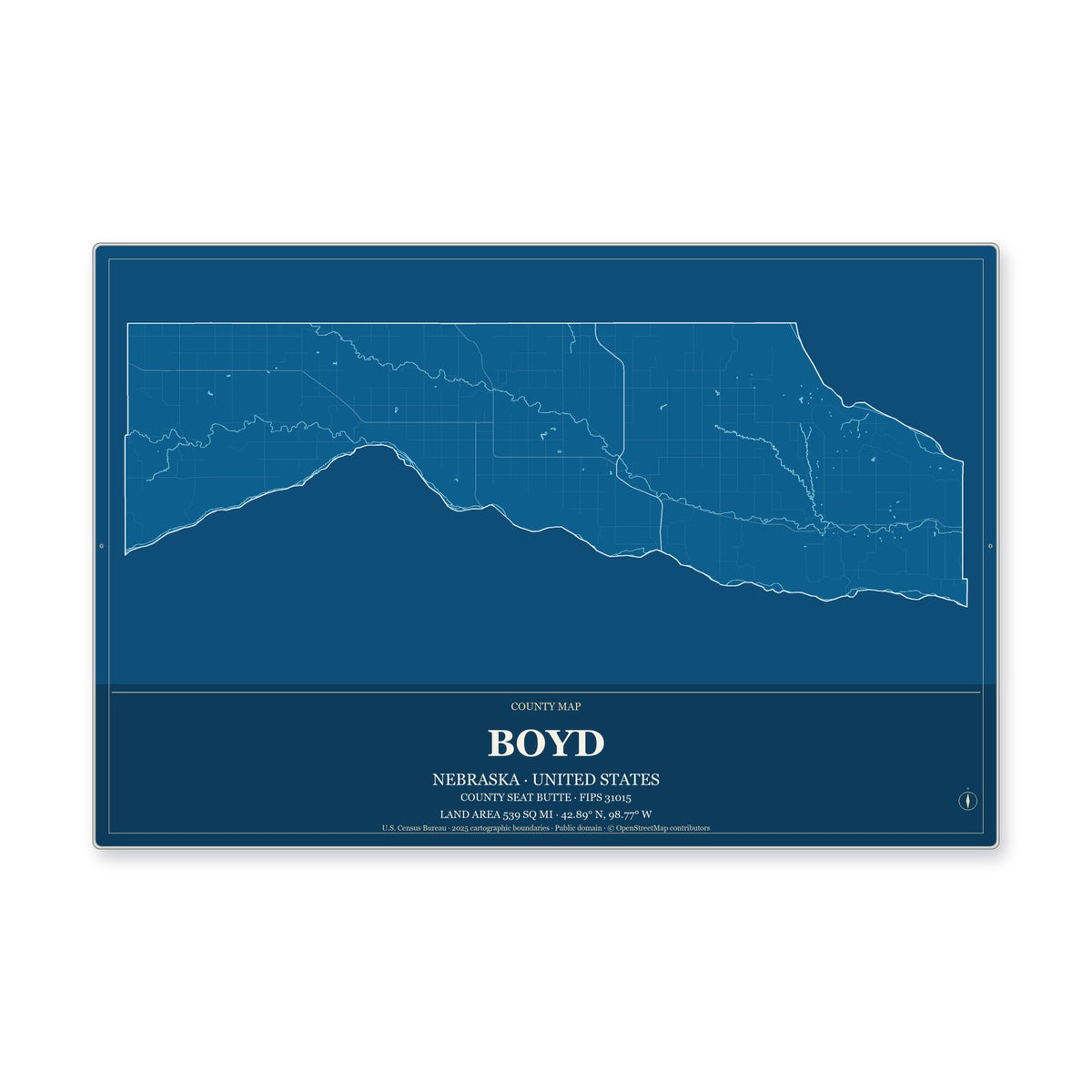 Boyd County, Nebraska Map Aluminum Sign in Harbor Cobalt style