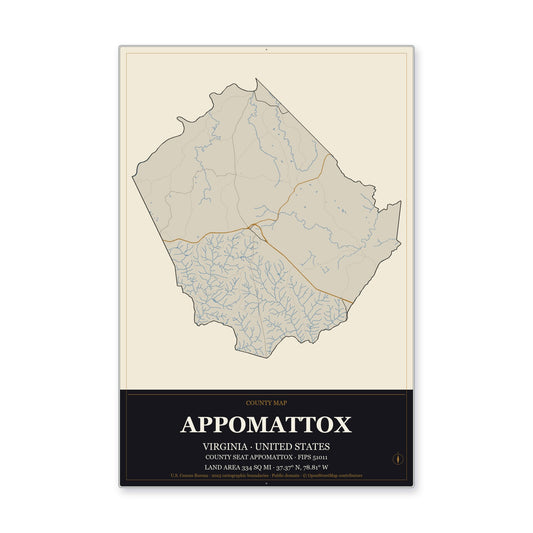 Appomattox County, Virginia Map Aluminum Sign in Museum Plaque style