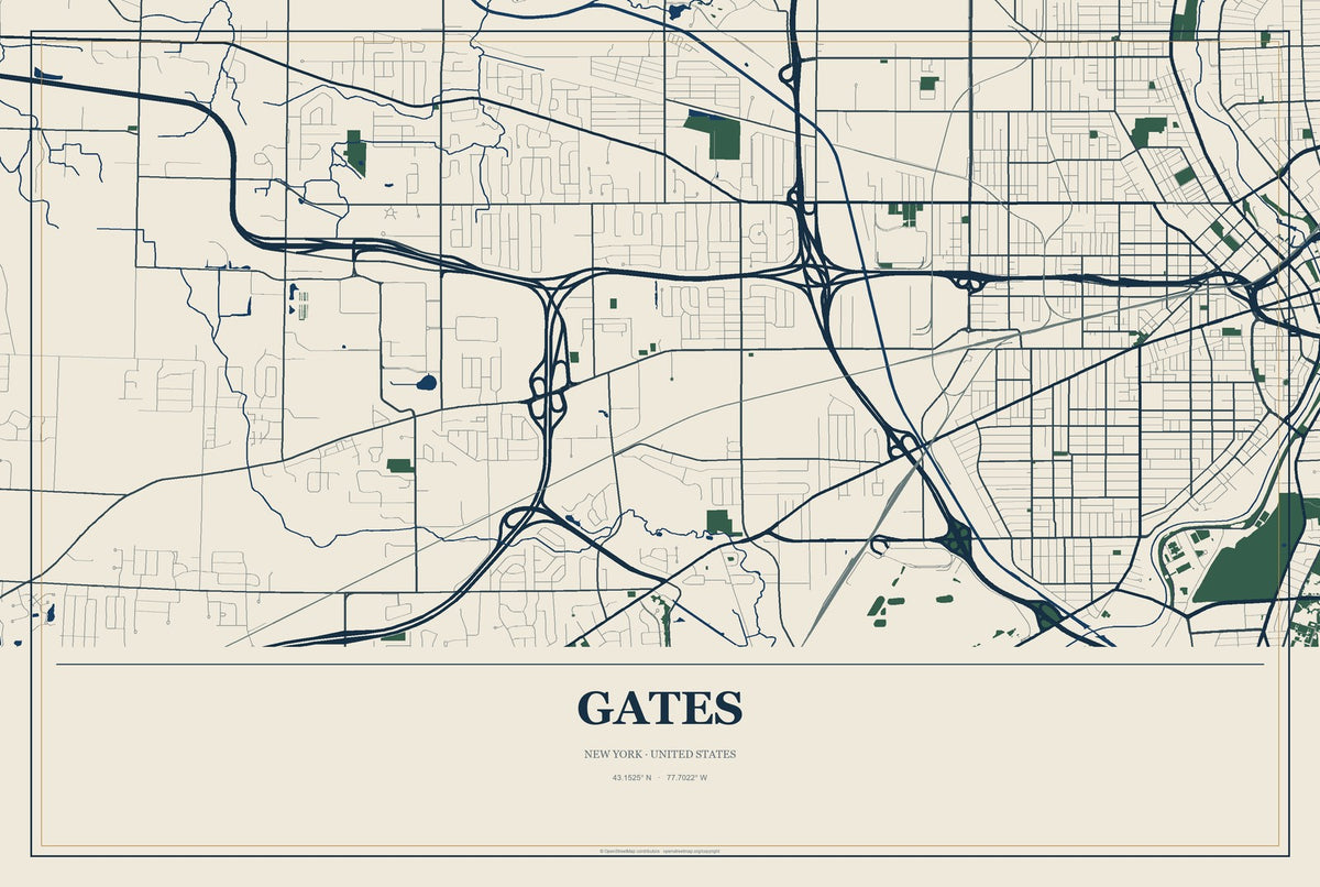 Gates, New York City Map Aluminum Sign in Coastal Cutout style