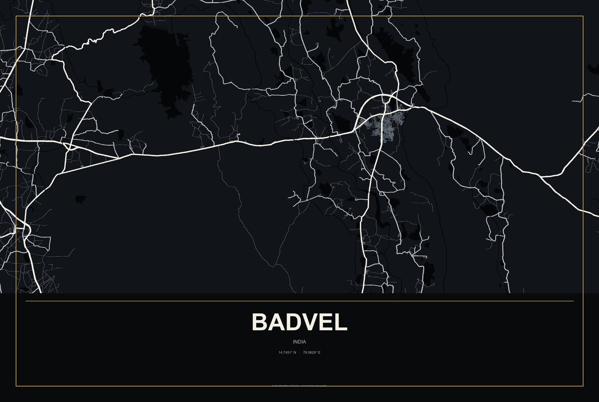 Badvel, India City Map Aluminum Sign in Metropolitan Noir style