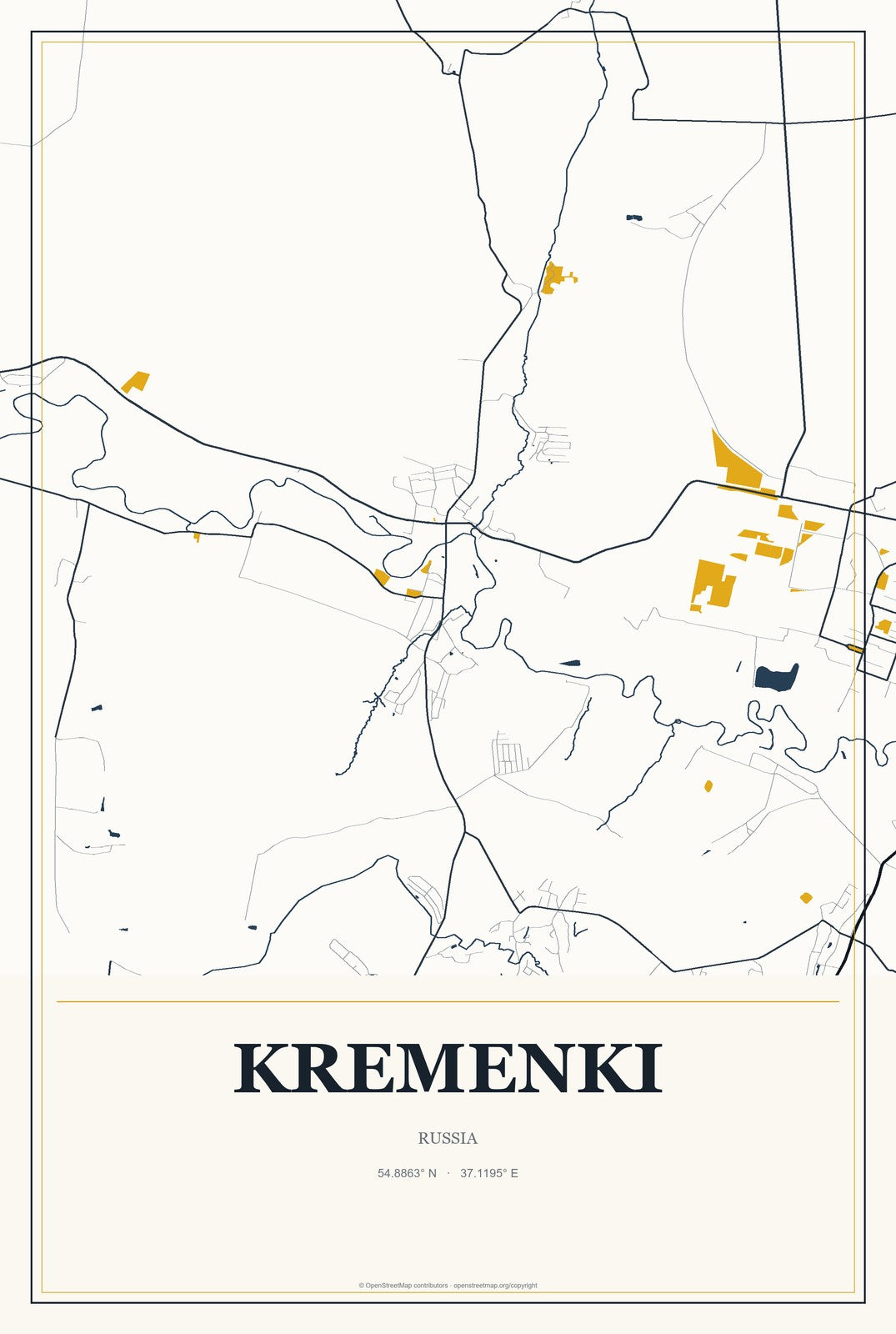 Kremenki, Russia City Map Aluminum Sign in Citrine Modern style