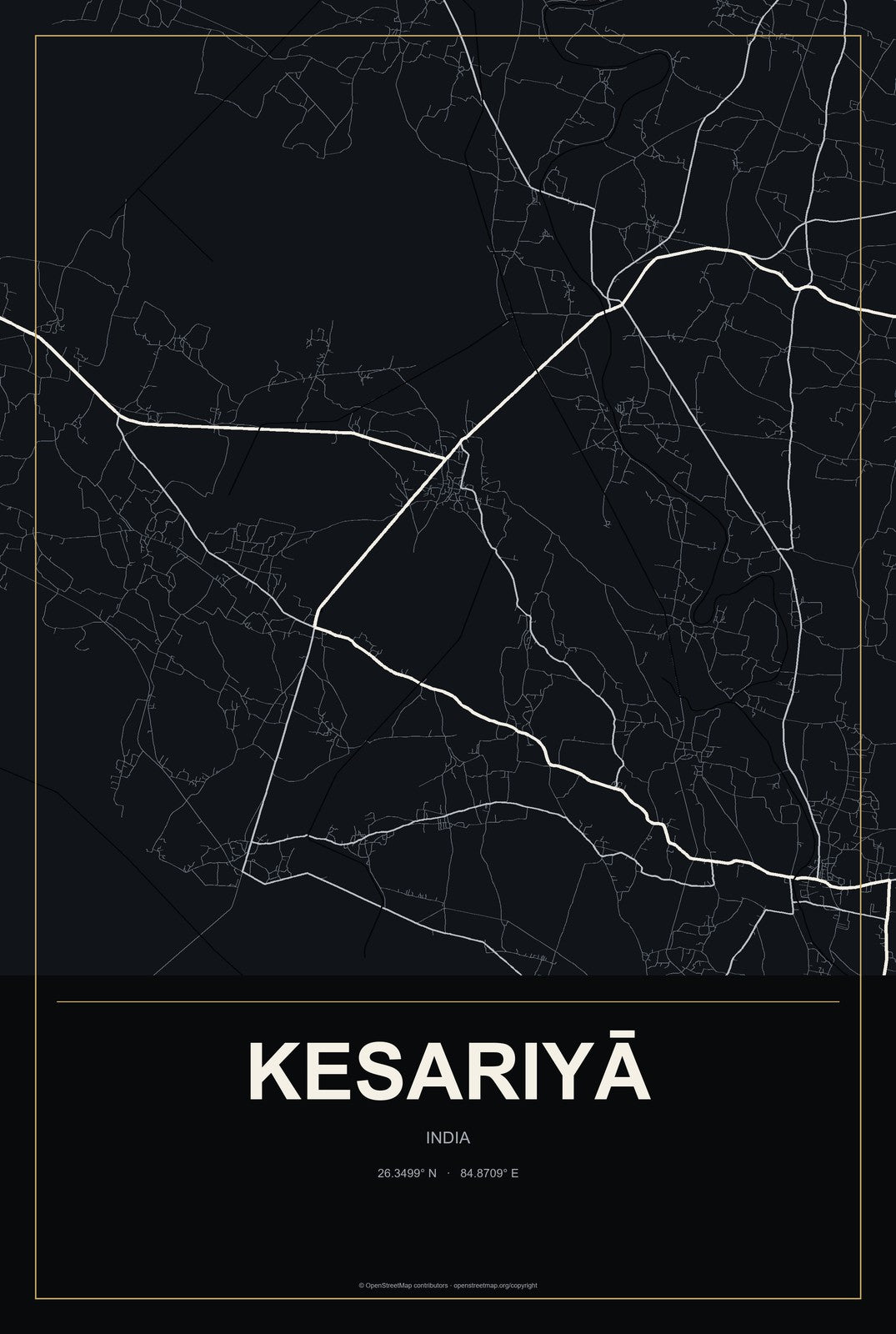 Kesariyā, India City Map Aluminum Sign in Metropolitan Noir style