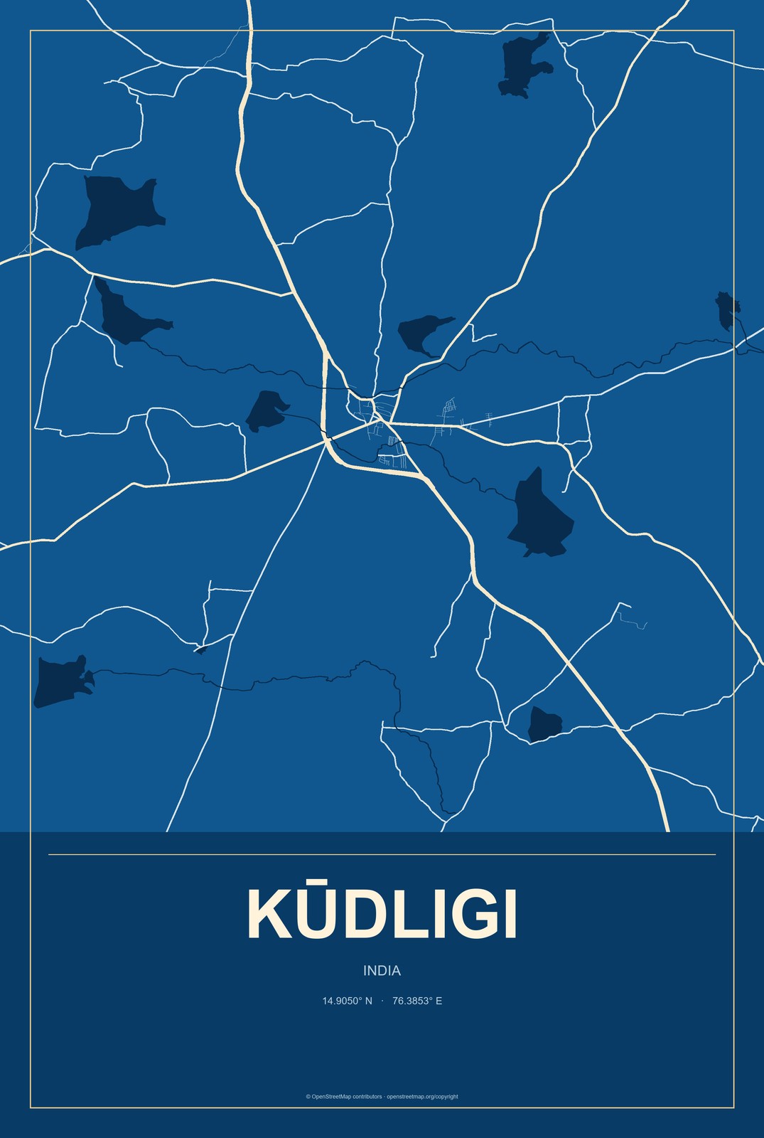 Kūdligi, India City Map Aluminum Sign in Harbor Cobalt style