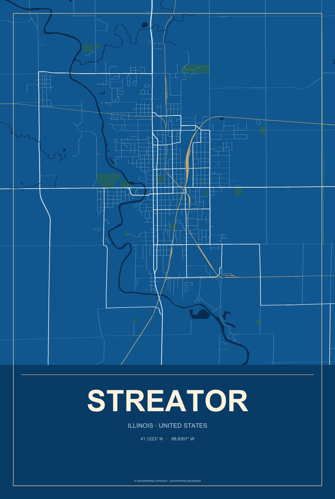 Streator, Illinois City Map Aluminum Sign in Harbor Cobalt style