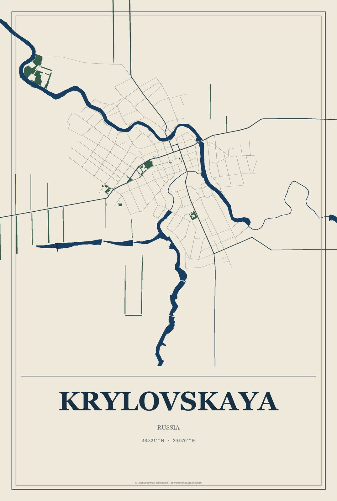 Krylovskaya, Russia City Map Aluminum Sign in Coastal Cutout style