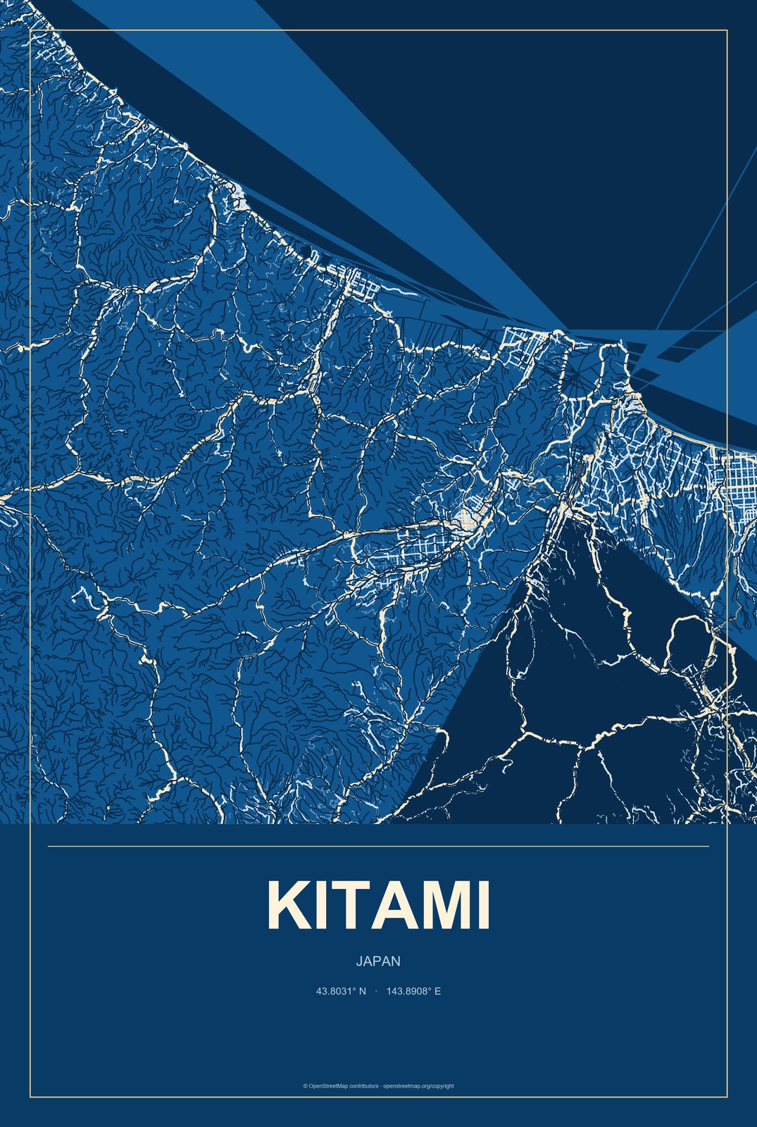 Kitami, Japan City Map Aluminum Sign in Harbor Cobalt style
