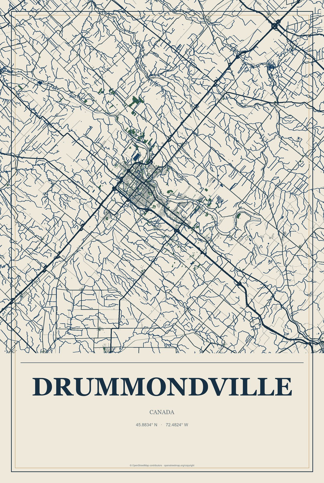 Drummondville, Canada City Map Aluminum Sign in Coastal Cutout style