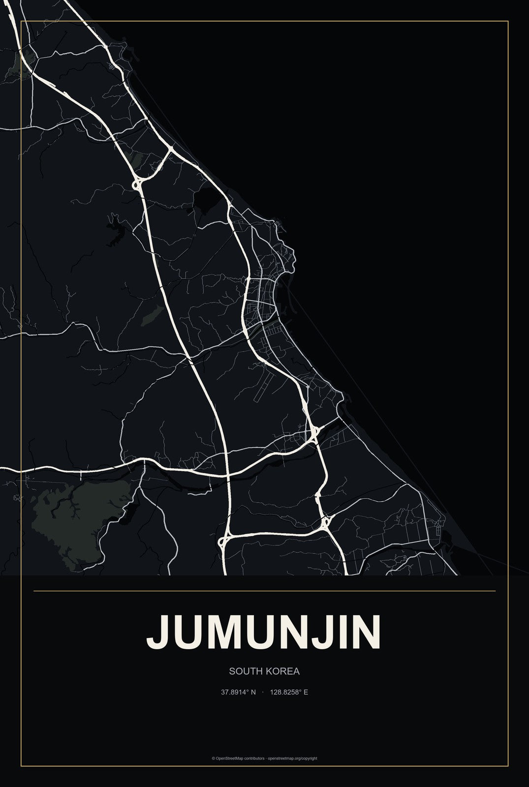 Jumunjin, South Korea City Map Aluminum Sign in Metropolitan Noir style