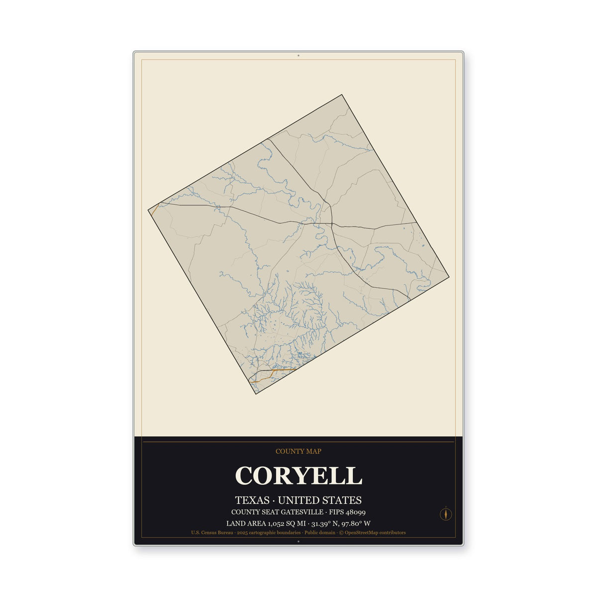 Coryell County, Texas Map Aluminum Sign in Museum Plaque style