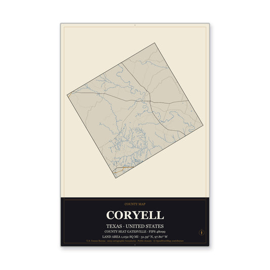 Coryell County, Texas Map Aluminum Sign in Museum Plaque style