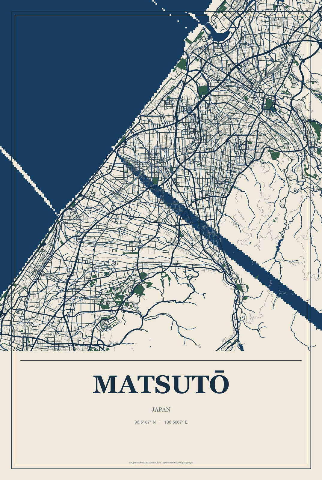 Matsutō, Japan City Map Aluminum Sign in Coastal Cutout style