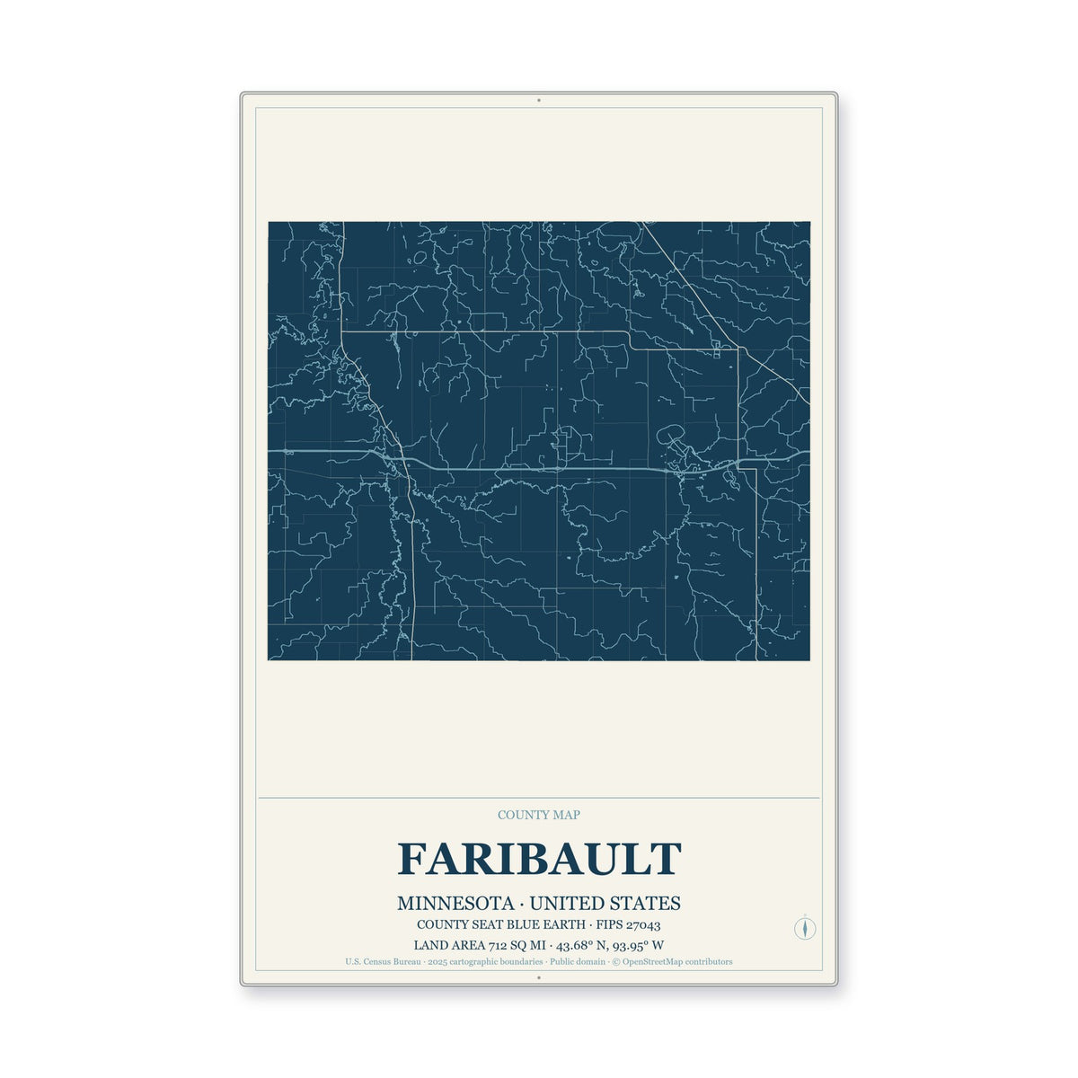 Faribault County, Minnesota Map Aluminum Sign in Coastal Cutout style