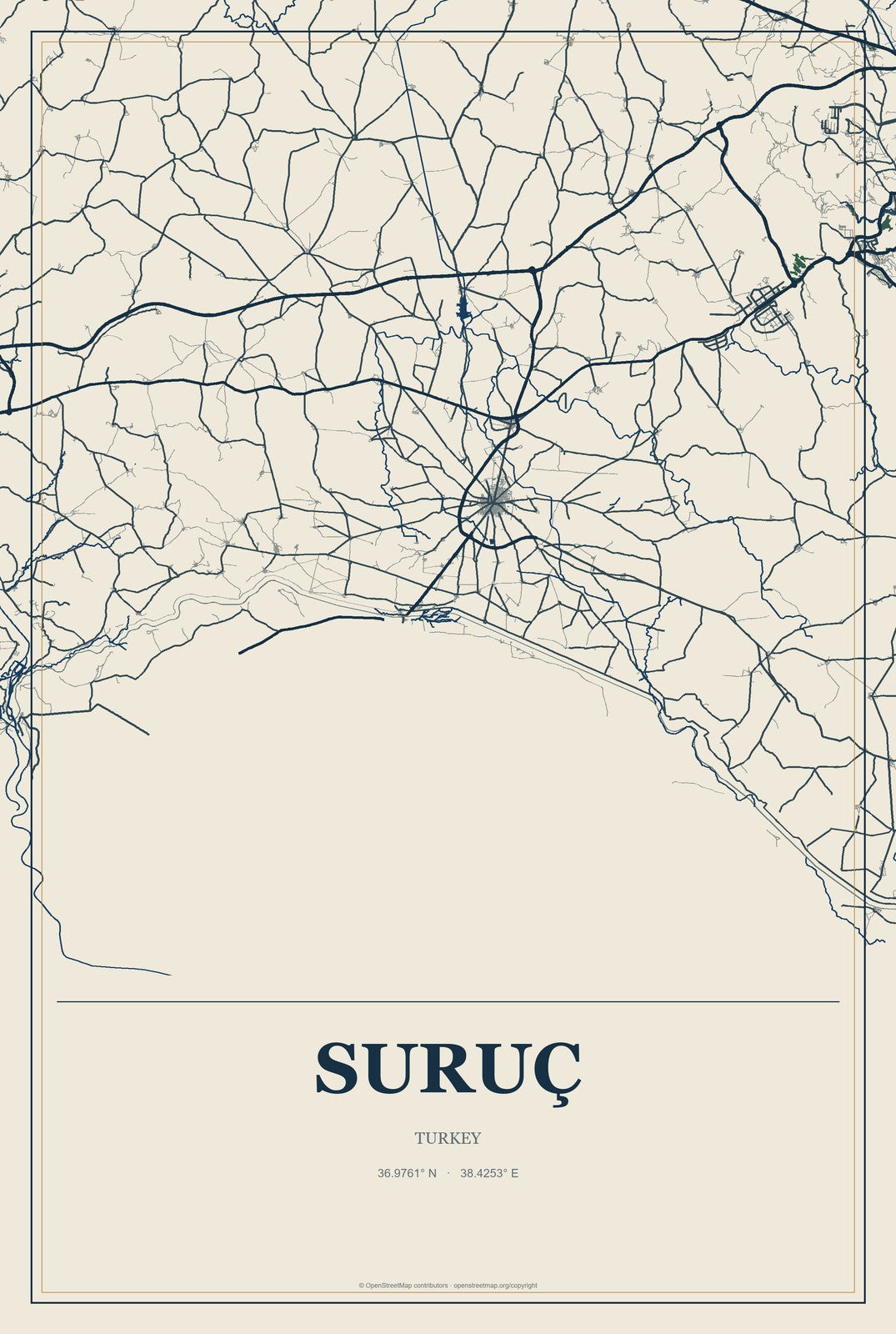 Suruç, Turkey City Map Aluminum Sign in Coastal Cutout style