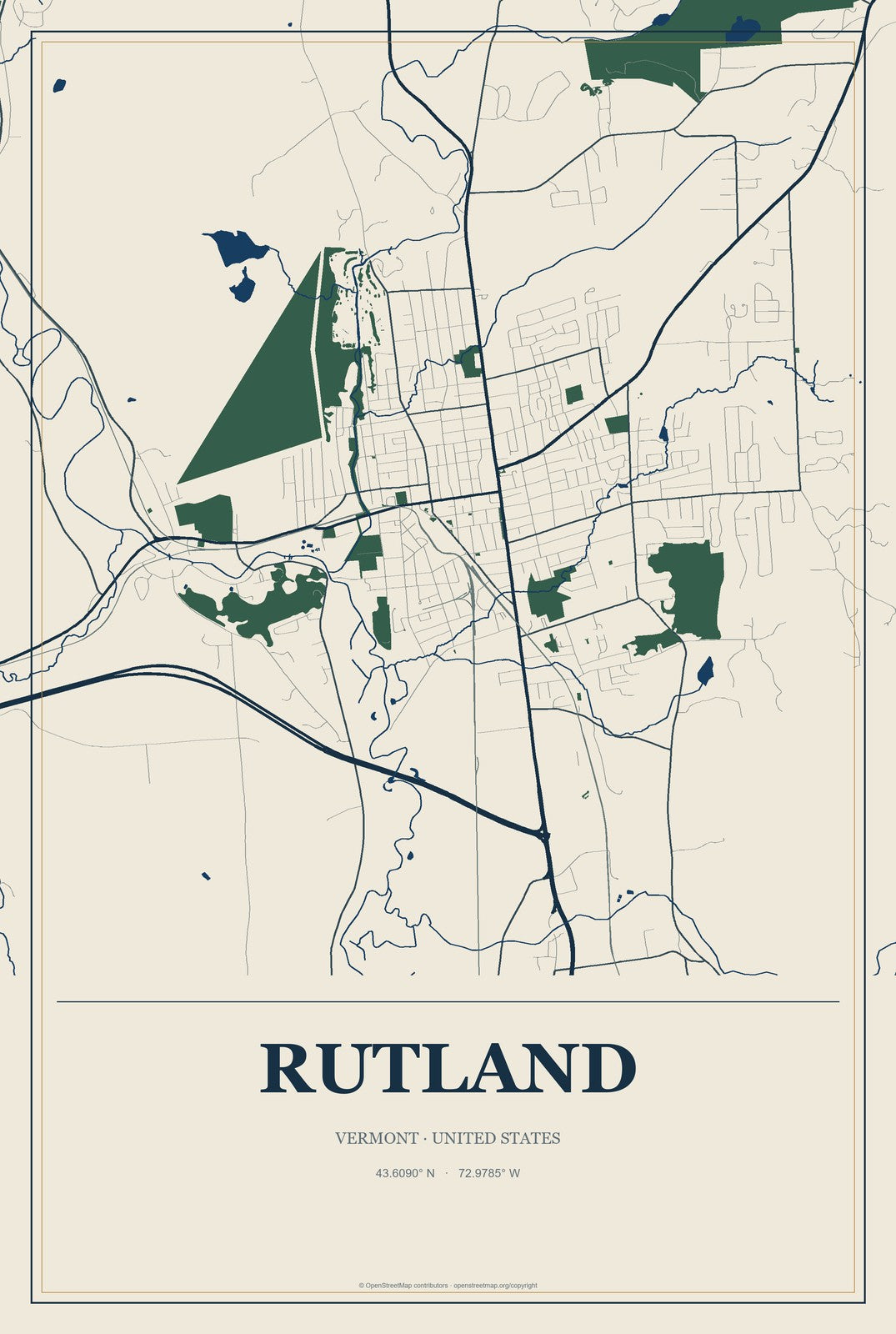 Rutland, Vermont City Map Aluminum Sign in Coastal Cutout style