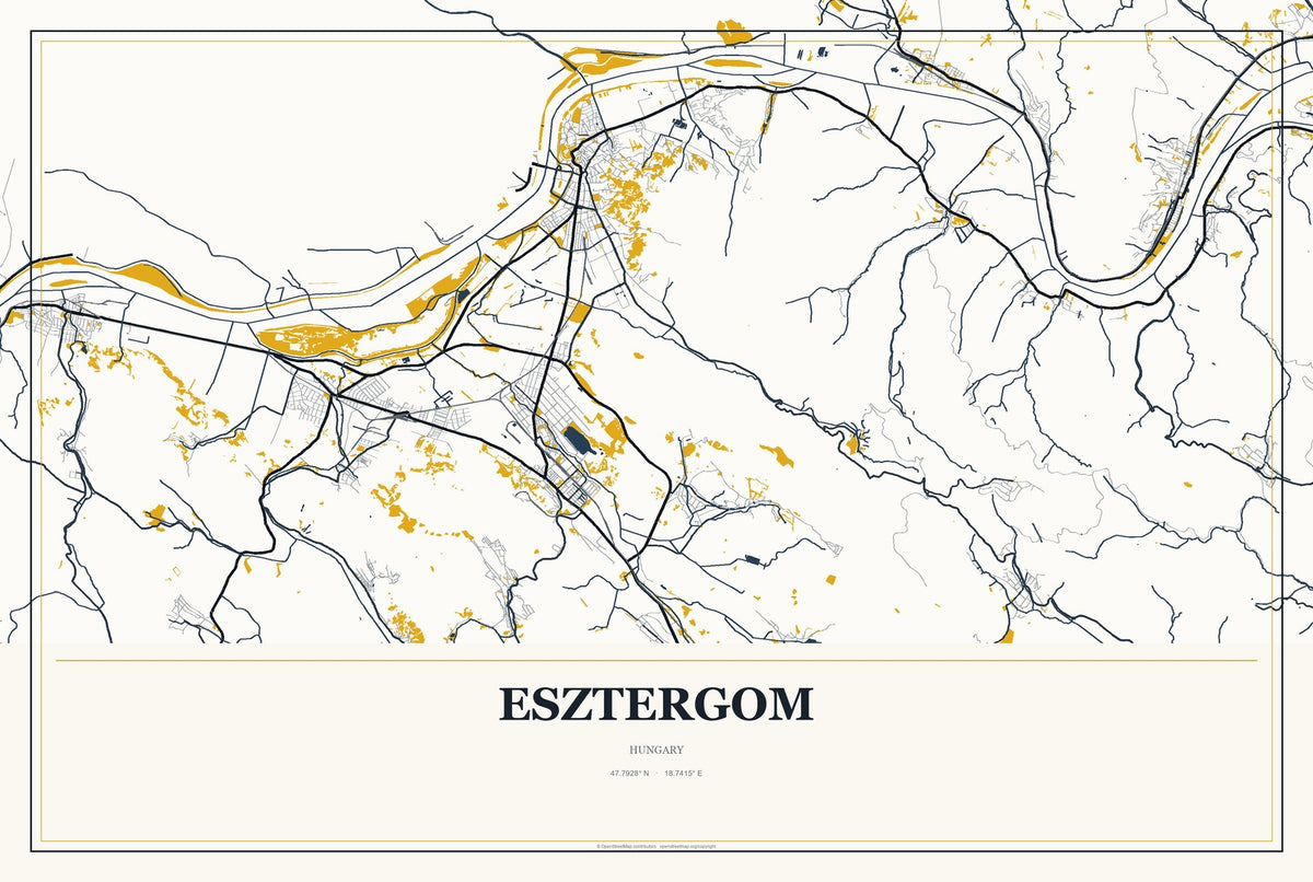 Esztergom, Hungary City Map Aluminum Sign in Citrine Modern style