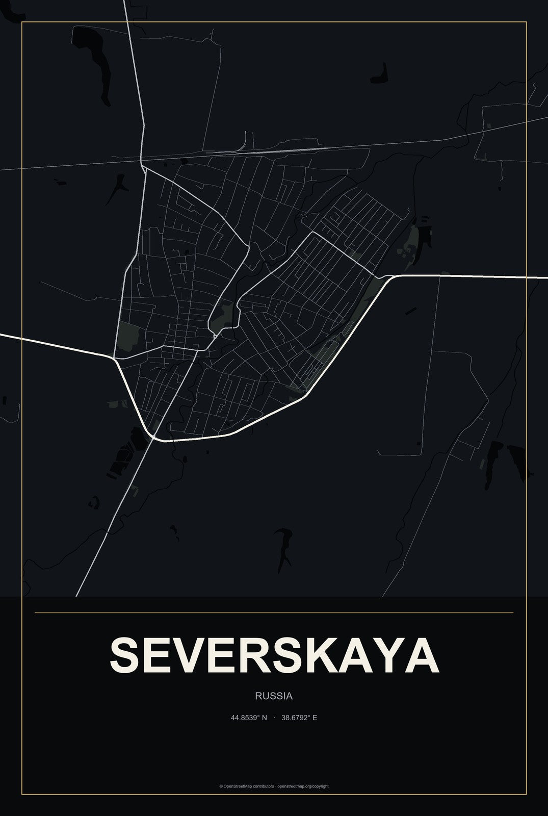 Severskaya, Russia City Map Aluminum Sign in Metropolitan Noir style