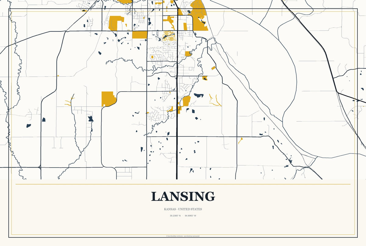 Lansing, Kansas City Map Aluminum Sign in Citrine Modern style