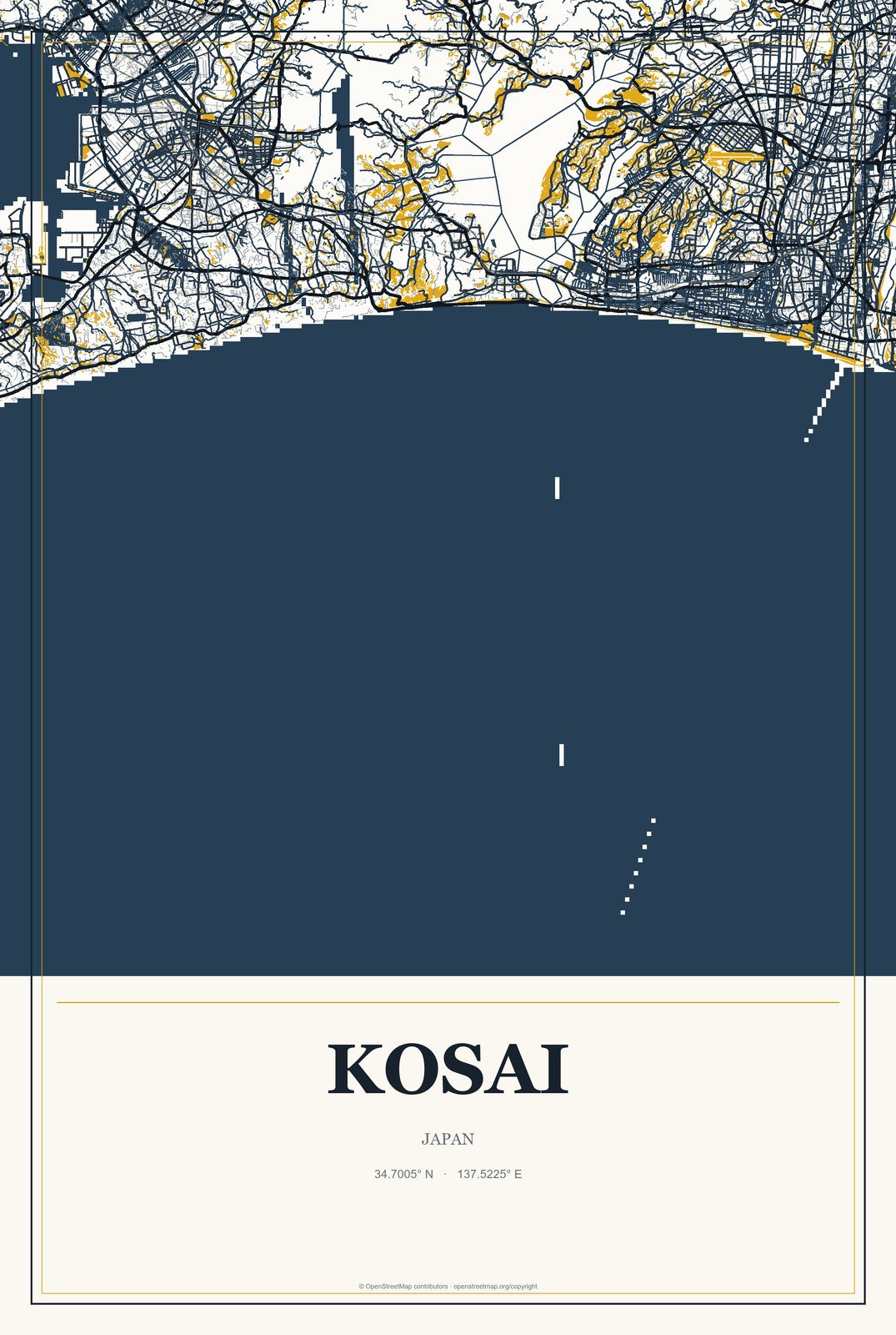 Kosai, Japan City Map Aluminum Sign in Citrine Modern style