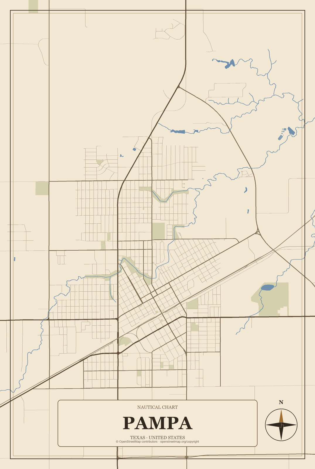 Pampa, Texas City Map Aluminum Sign in Heritage Nautical style