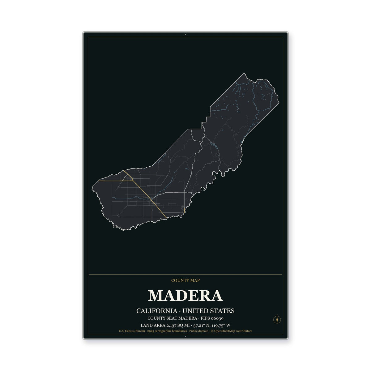 Madera County, California Map Aluminum Sign in Metropolitan Noir style