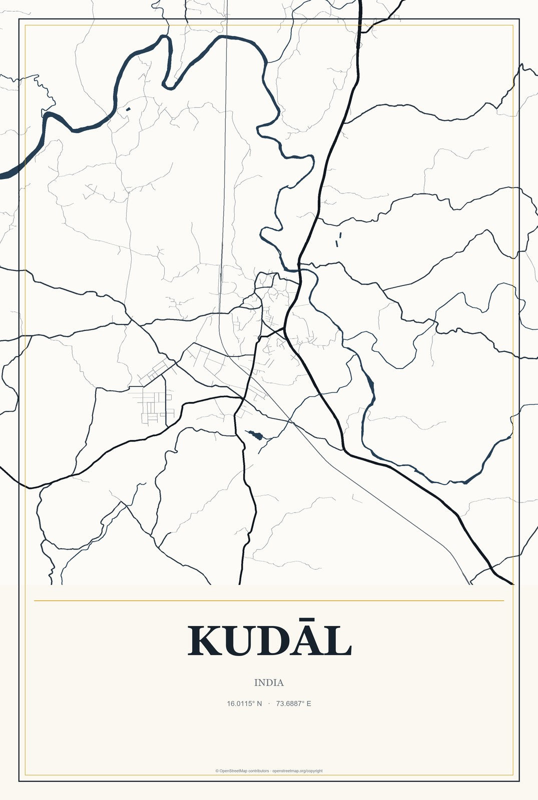 Kudāl, India City Map Aluminum Sign in Citrine Modern style
