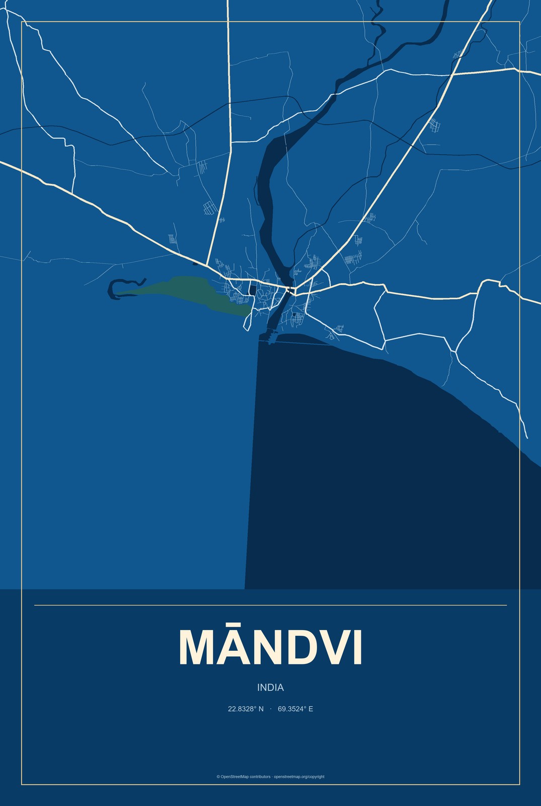 Māndvi, India City Map Aluminum Sign in Harbor Cobalt style