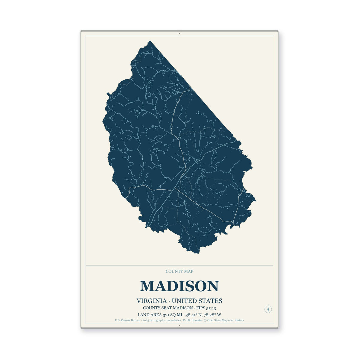 Madison County, Virginia Map Aluminum Sign in Coastal Cutout style