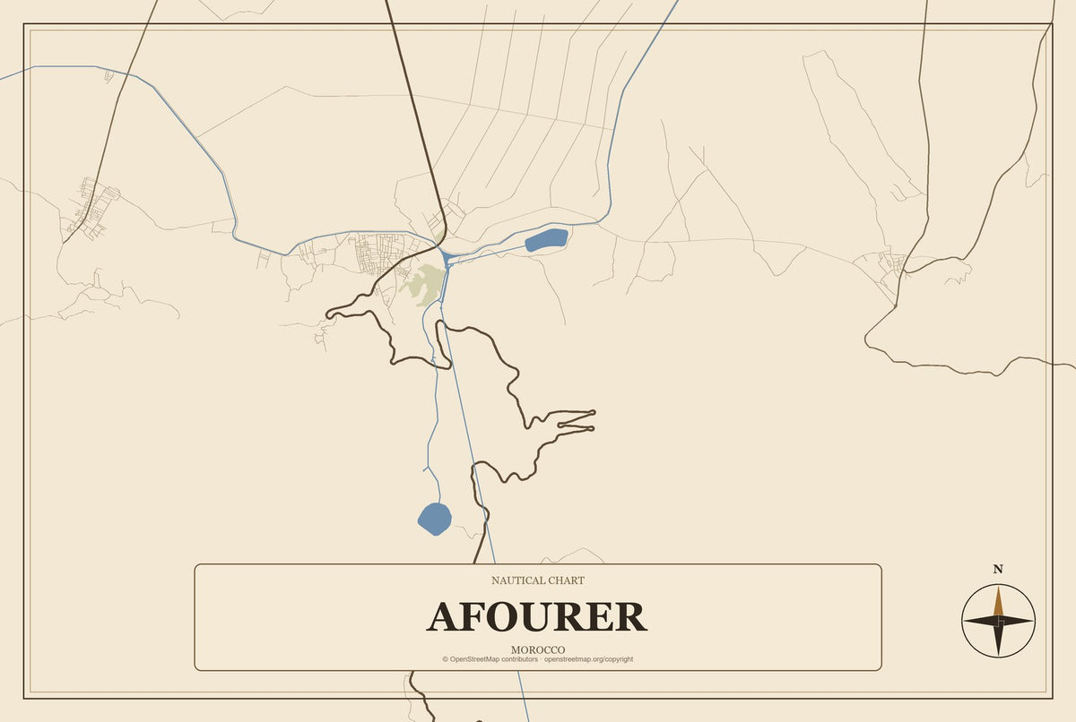 Afourer, Morocco City Map Aluminum Sign in Heritage Nautical style