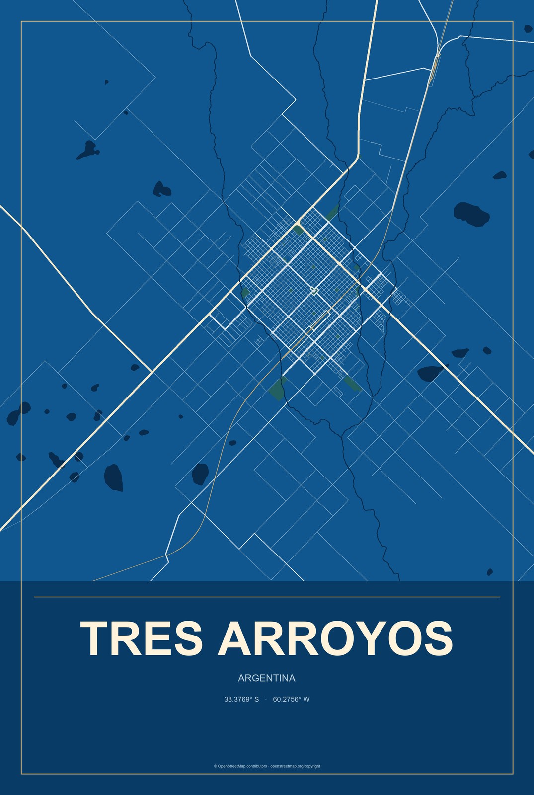 Tres Arroyos, Argentina City Map Aluminum Sign in Harbor Cobalt style