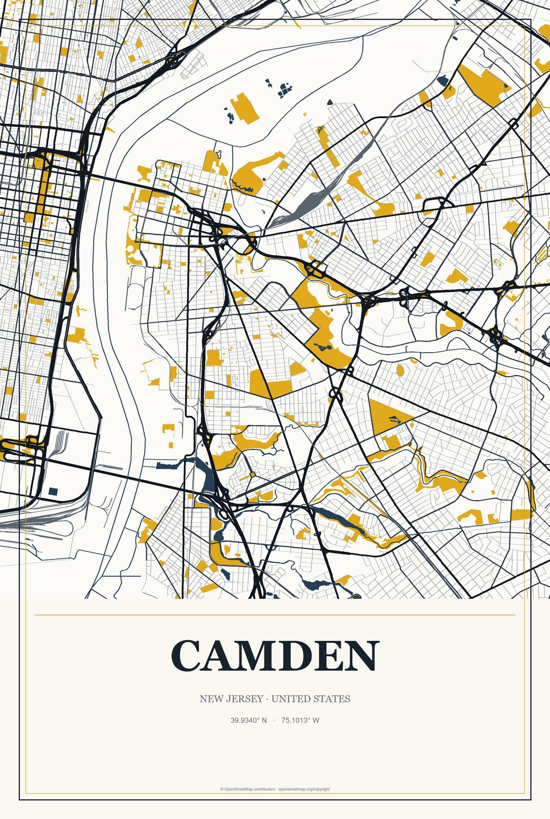 Camden, New Jersey City Map Aluminum Sign in Citrine Modern style