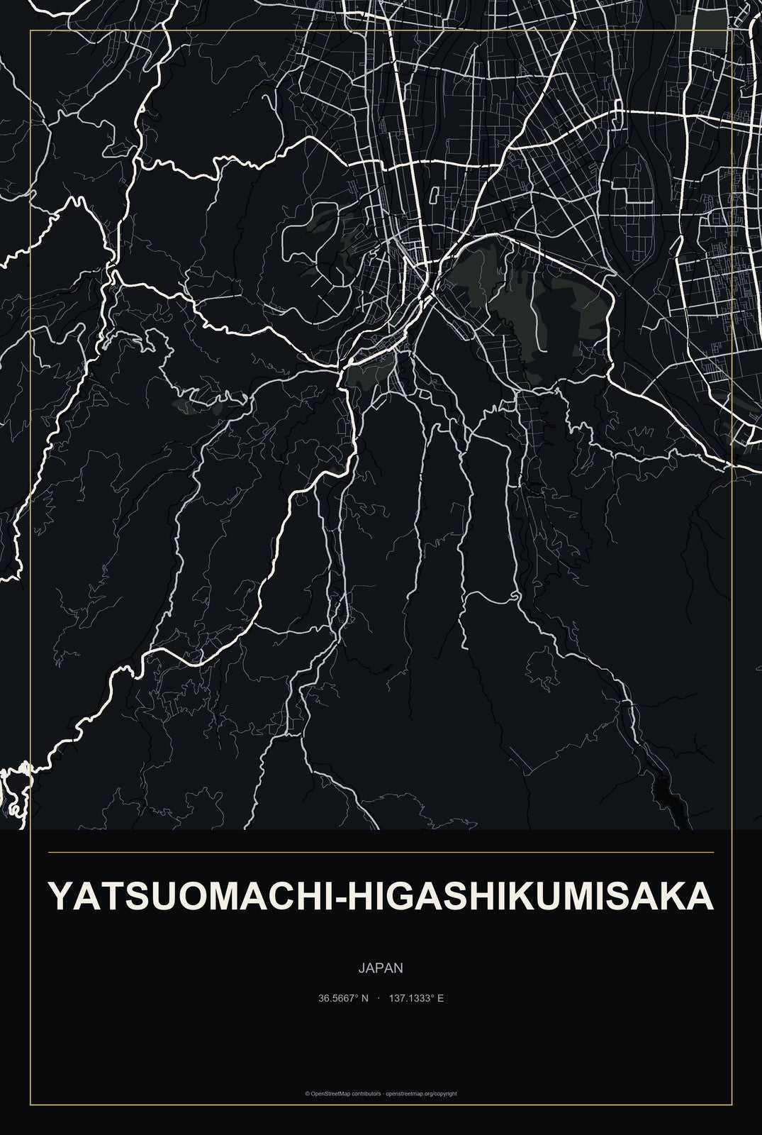 Yatsuomachi-higashikumisaka, Japan City Map Aluminum Sign in Metropolitan Noir style