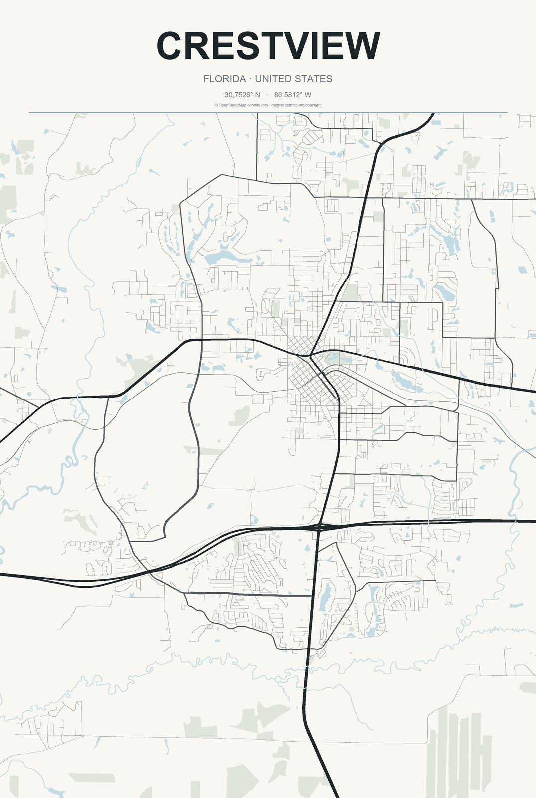 Crestview, Florida City Map Aluminum Sign in Headline Atlas style