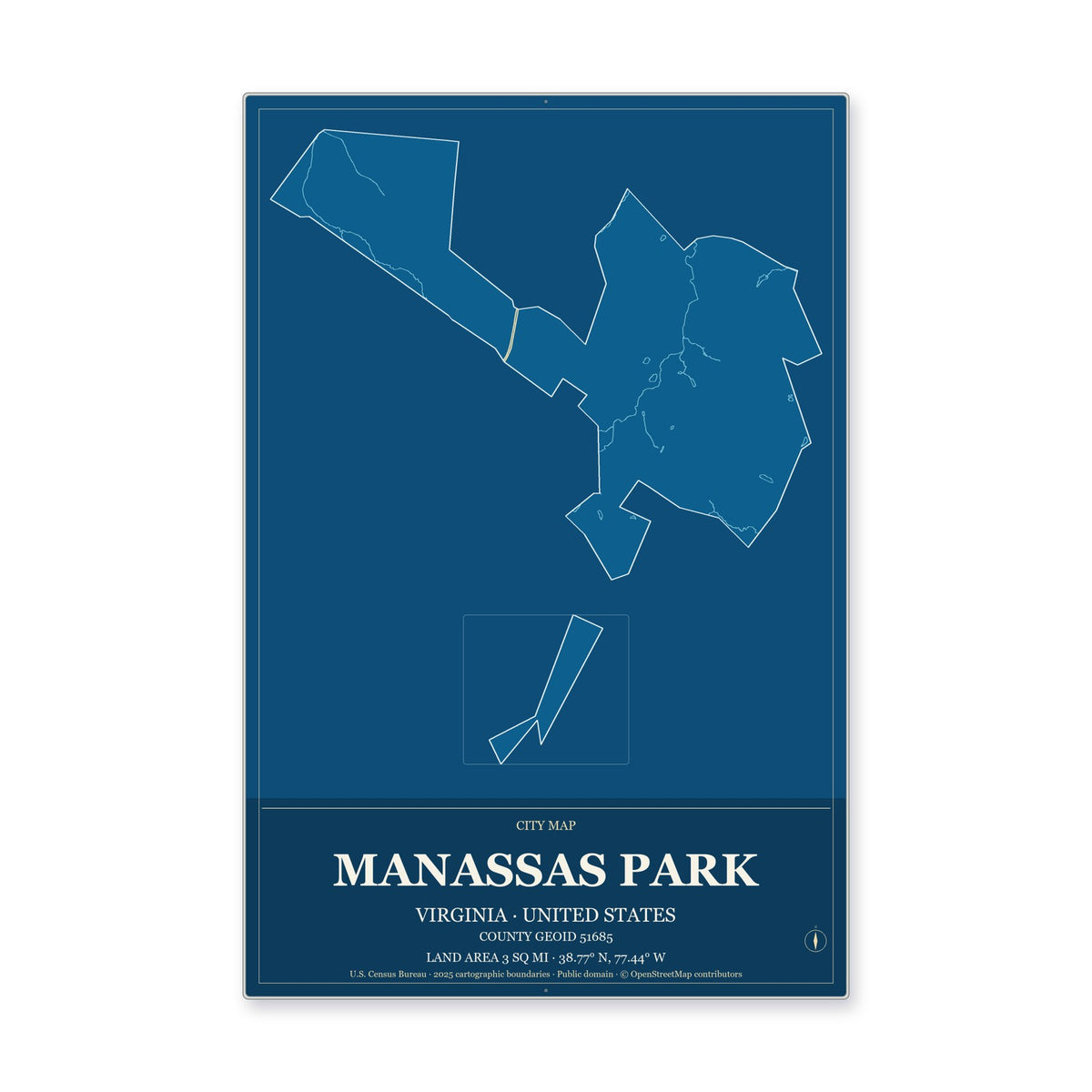 Manassas Park city, Virginia Map Aluminum Sign in Harbor Cobalt style