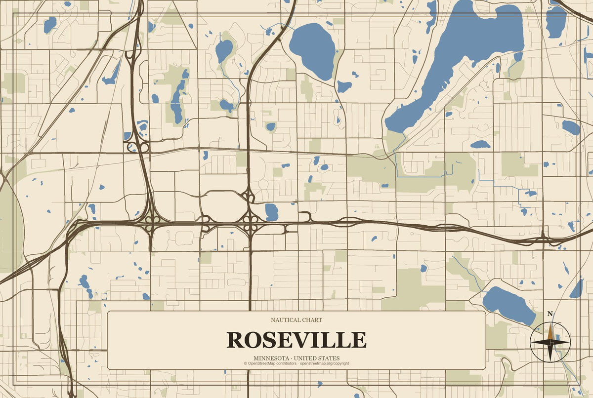 Roseville, Minnesota City Map Aluminum Sign in Heritage Nautical style