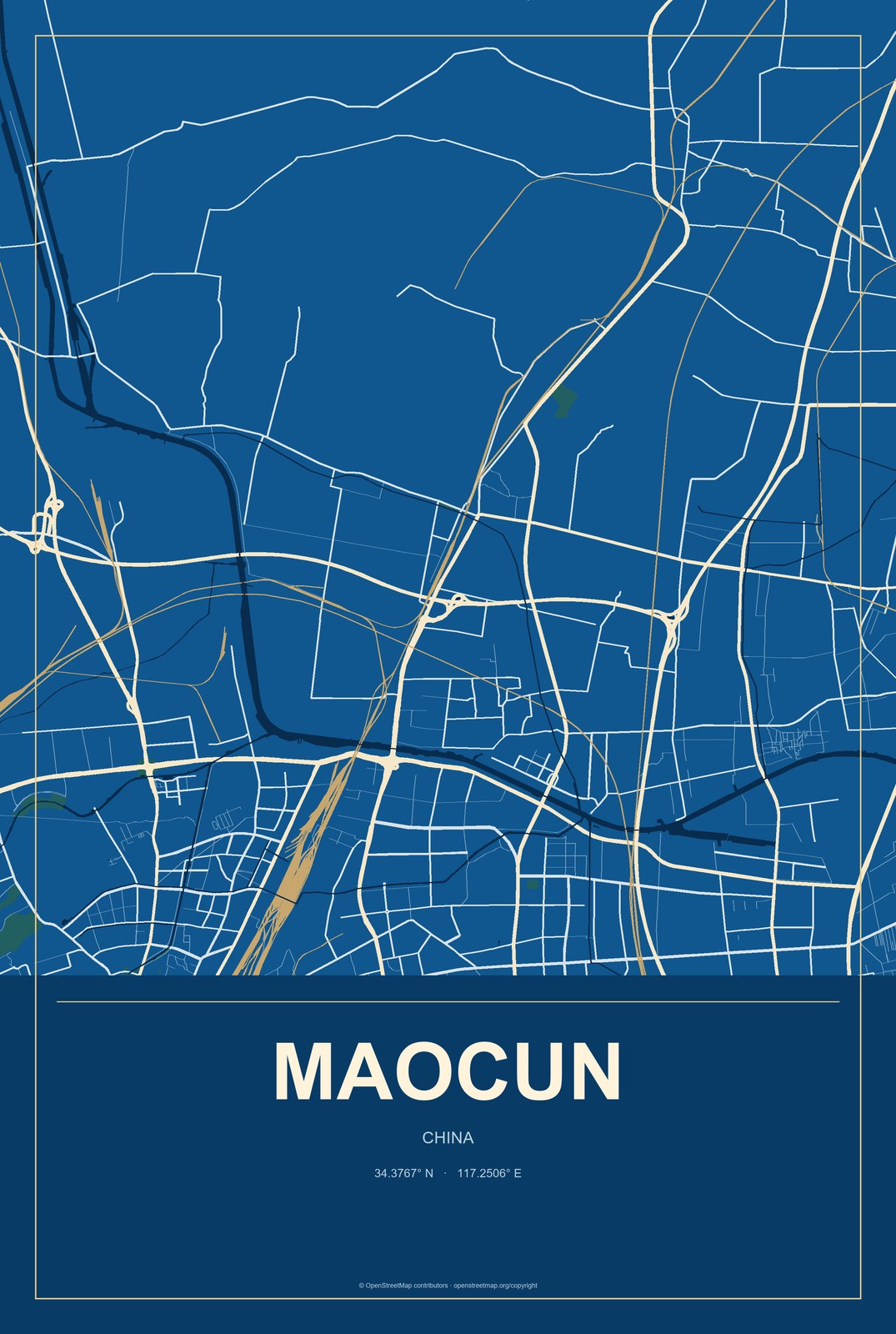 Maocun, China City Map Aluminum Sign in Harbor Cobalt style