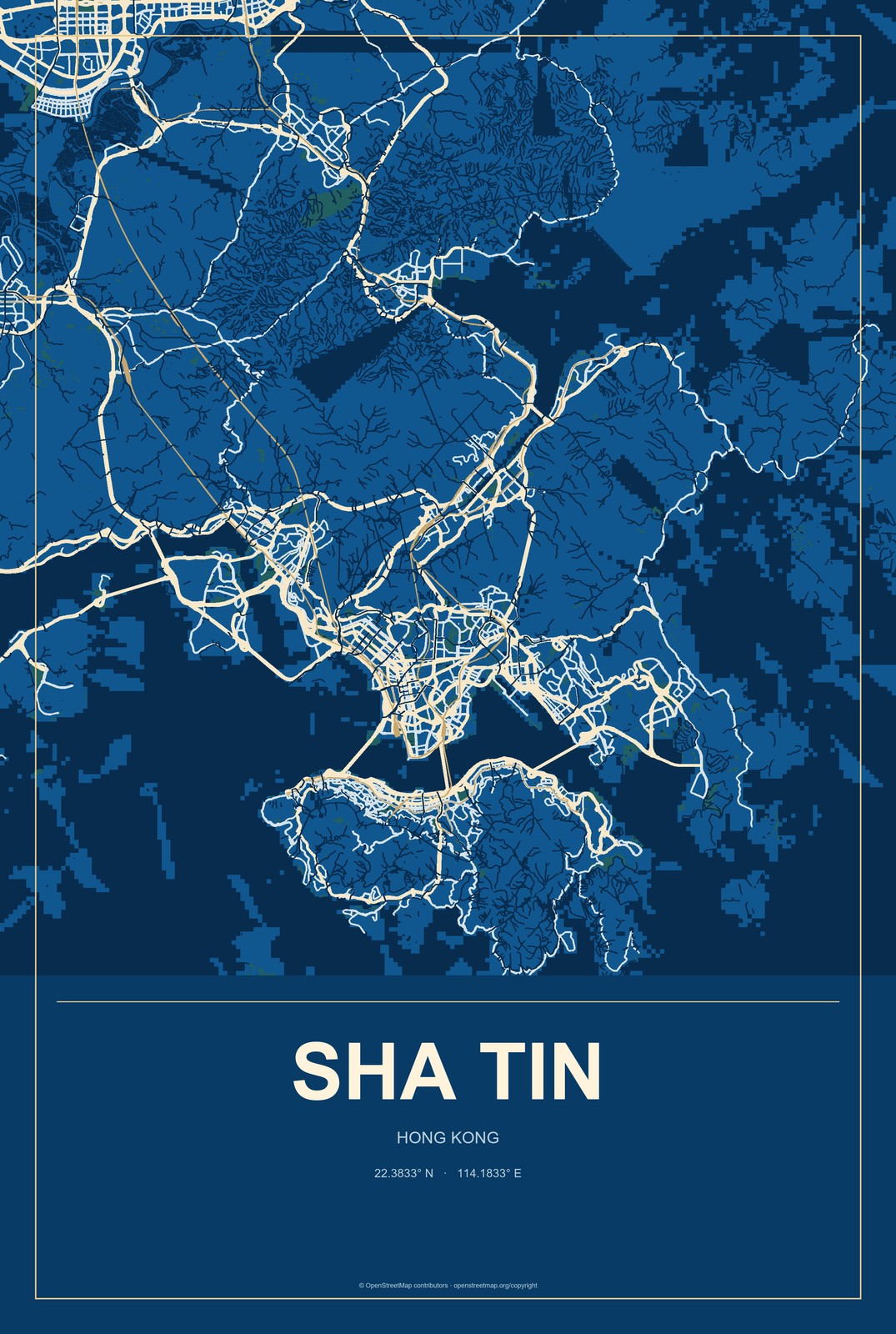 Sha Tin, Hong Kong City Map Aluminum Sign in Harbor Cobalt style