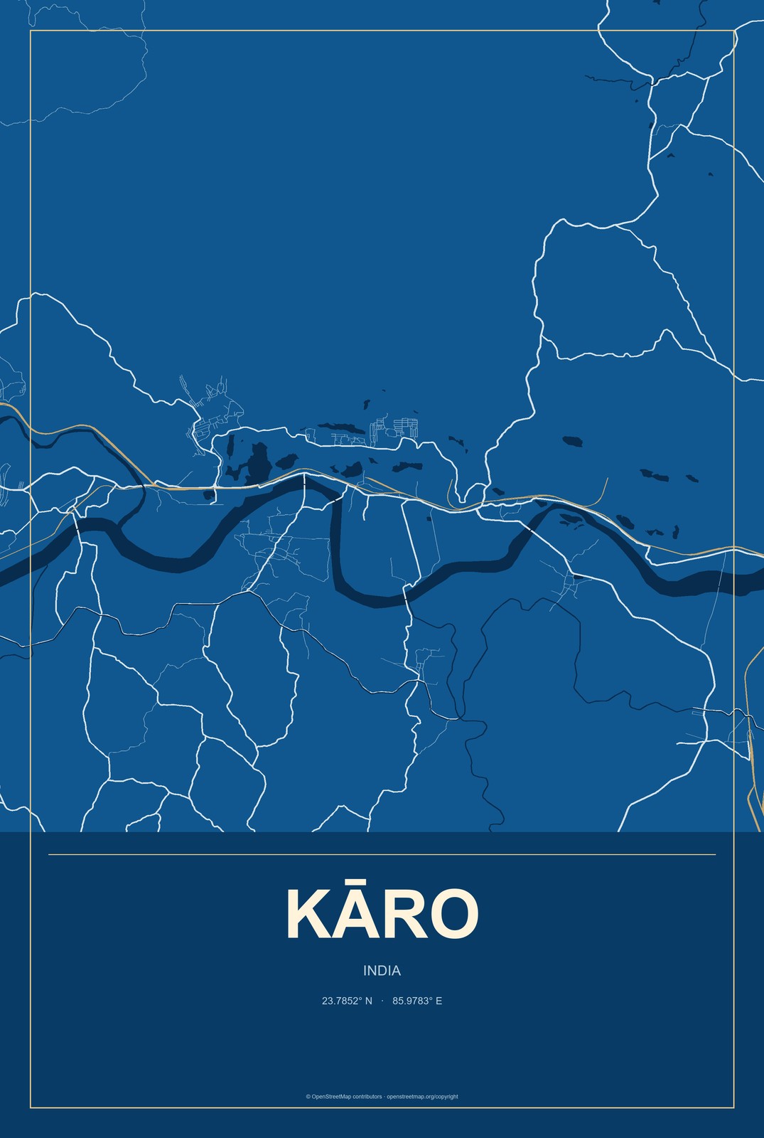 Kāro, India City Map Aluminum Sign in Harbor Cobalt style