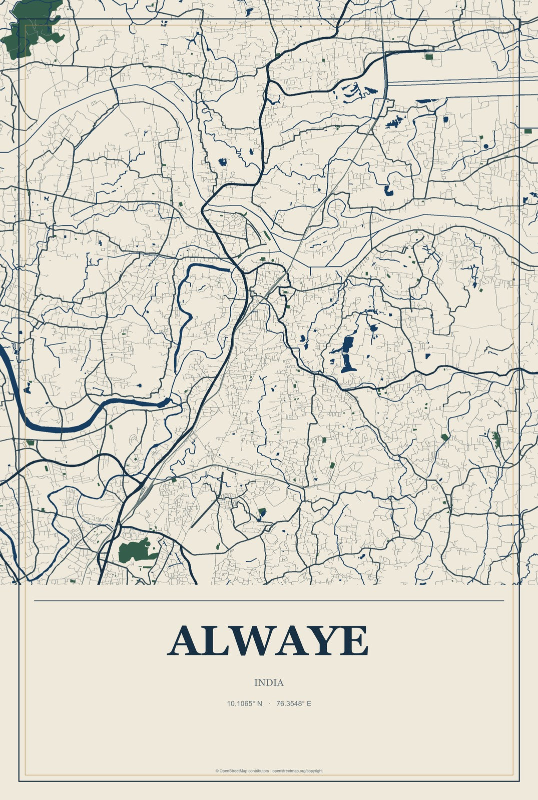 Alwaye, India City Map Aluminum Sign in Coastal Cutout style