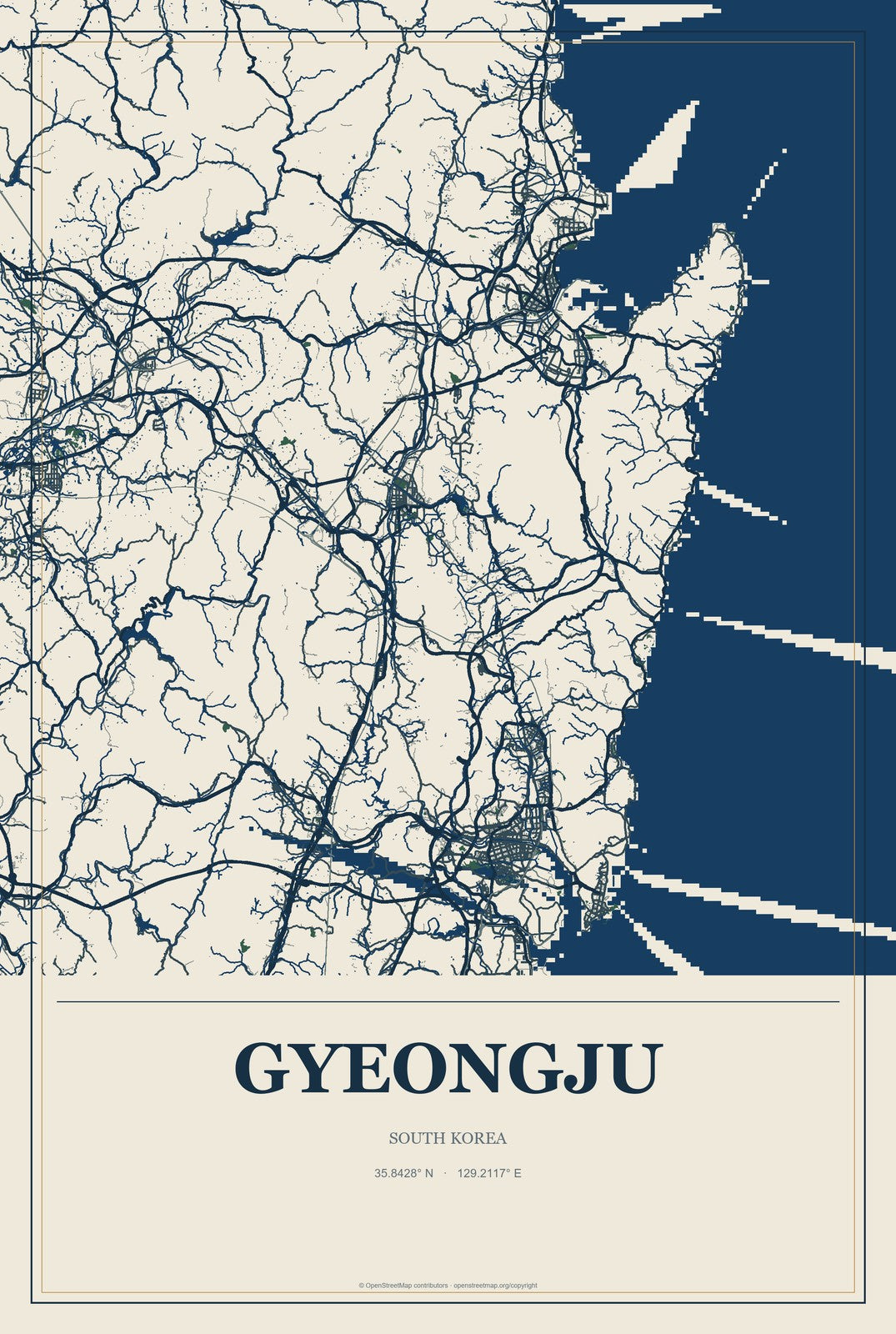 Gyeongju, South Korea City Map Aluminum Sign in Coastal Cutout style